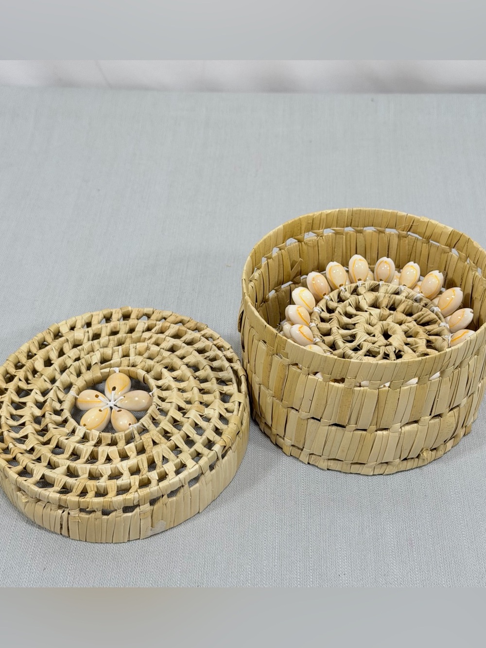 Cowrie Shell Rattan Drink Coasters Holder and 4 Coasters Boho Wicker natural
